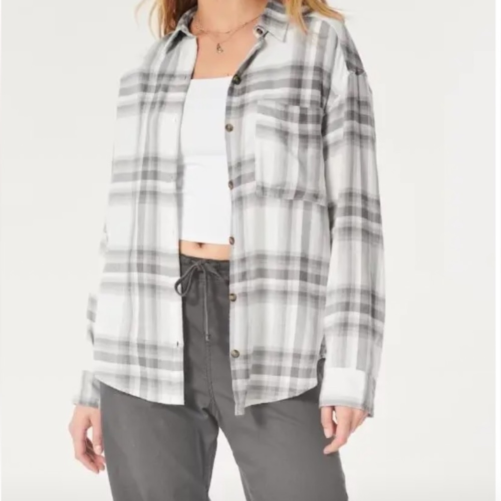 Hollister Co. - Oversized Flannel Shirt - Light Grey Plaid